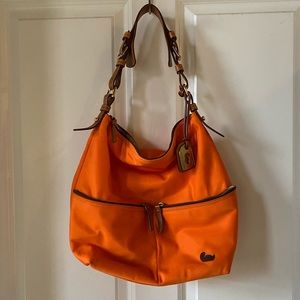 Dooney large Safiano orange nylon/leather satchel